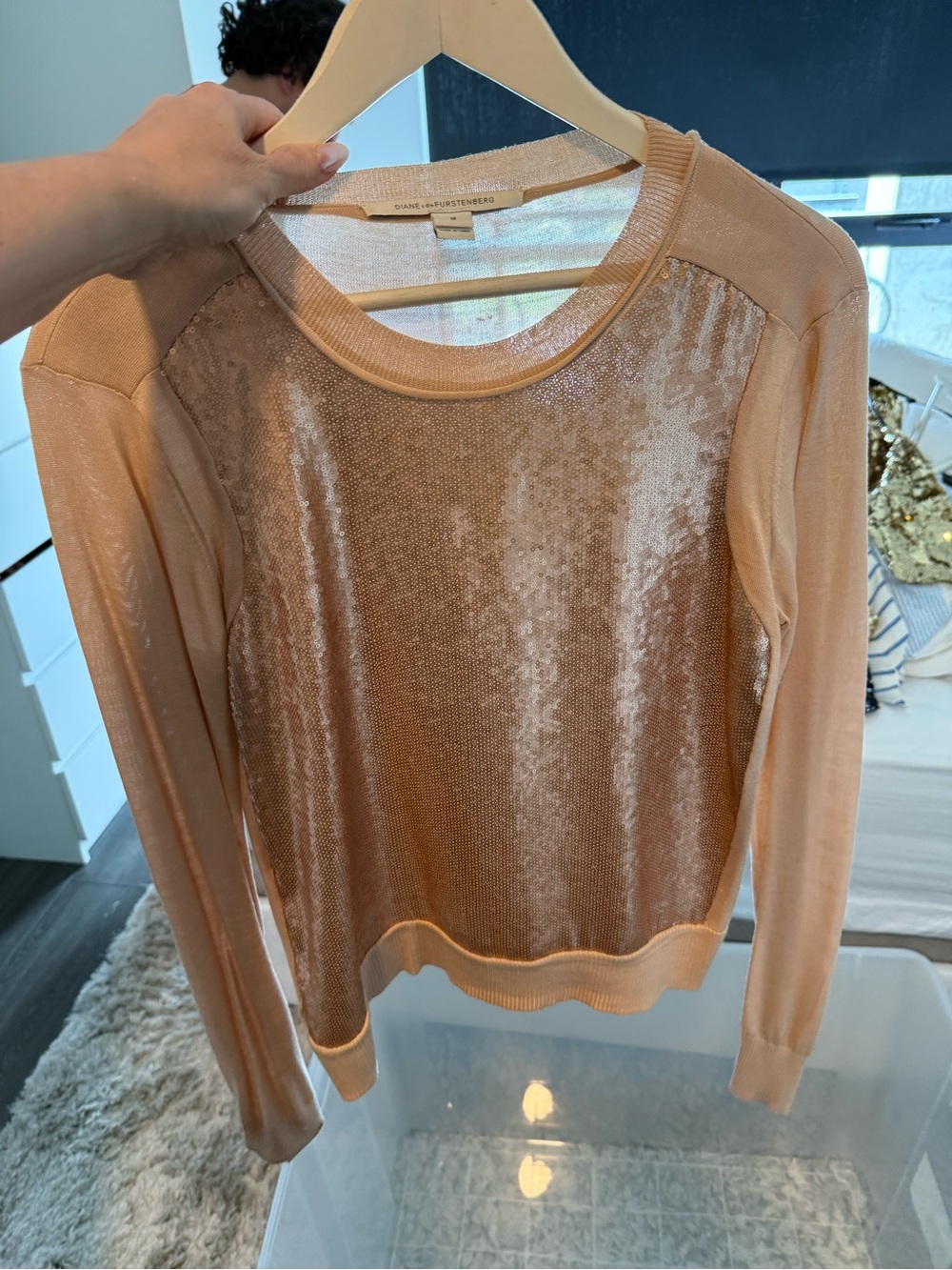 Diane Von Furstenberg Shimmery sequin Peach Long-Sleeve Knit Top